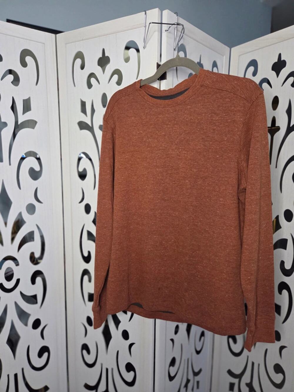 01.Algo Performance Men's L Waffle Knit Long Sleeve Shirt Rust Brown Crewneck